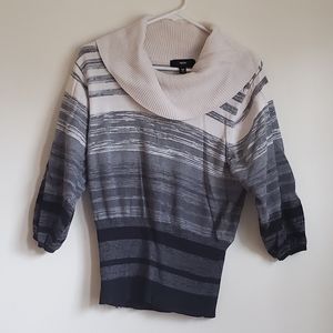 Grey & Black & White Striped Cowl Neck Sweater